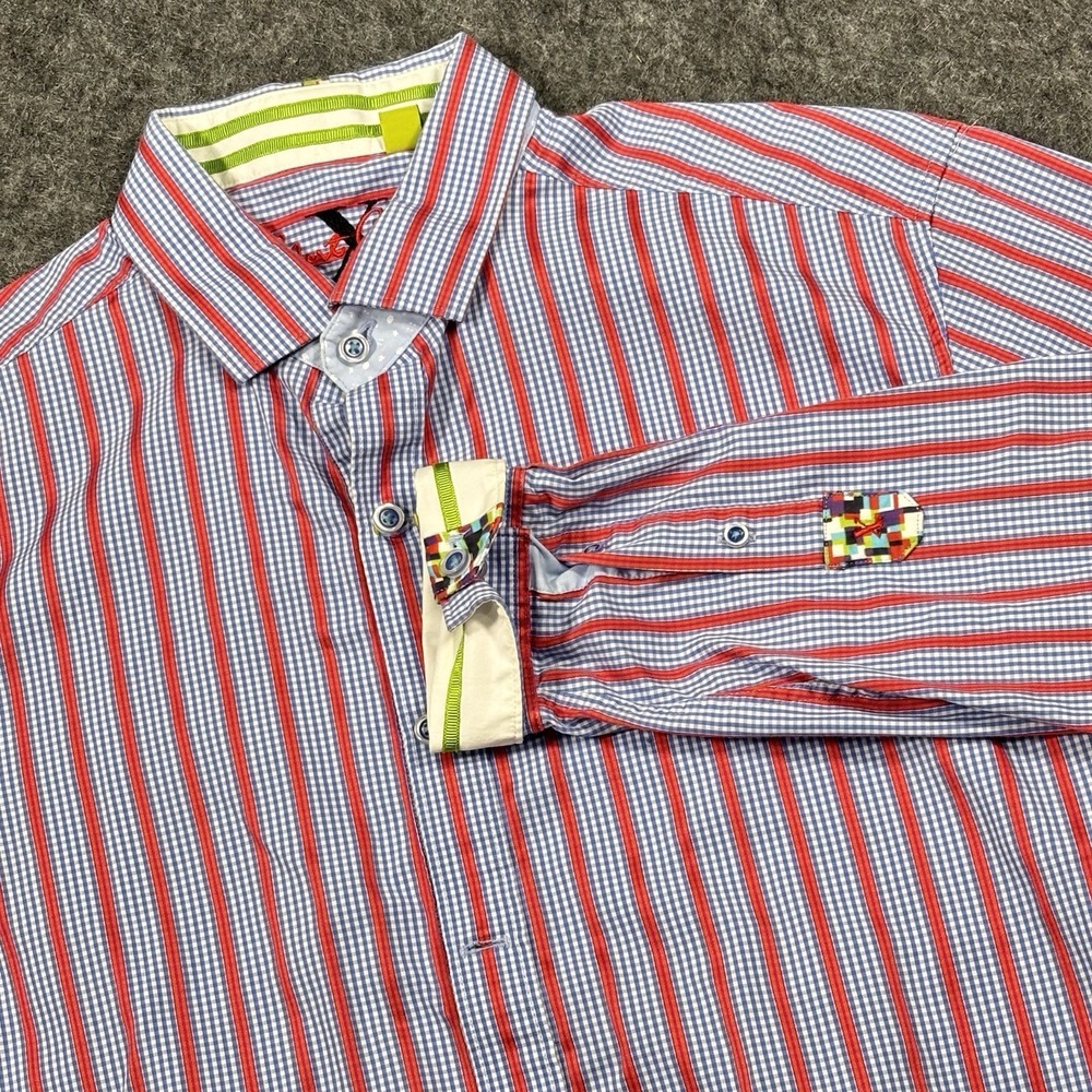 Robert Graham X Button Up Shirt Mens Large Red Blue Striped Checked Long Sleeve
